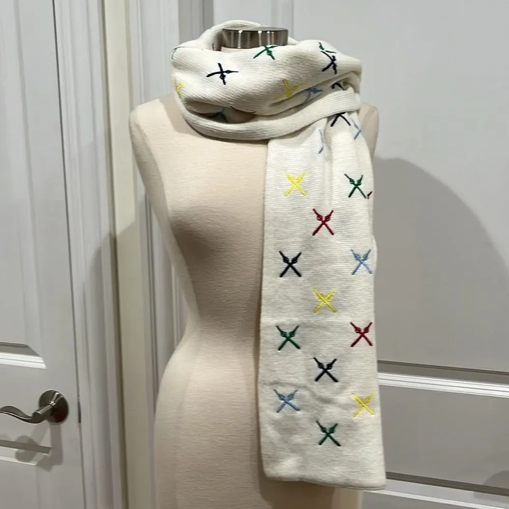 Mark & Graham Embroidered Ski Scarf Ivory Wool Blend Multicolor‎ Ski Poles